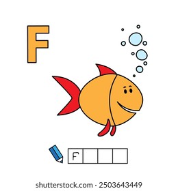 Alphabet with cute cartoon animals isolated on white background. Learning to write game for children education. Vector illustration of fish and letter F