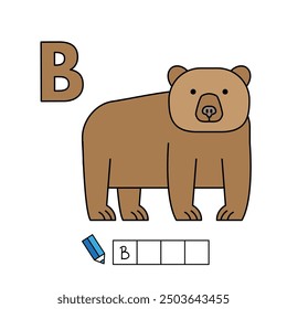 Alphabet with cute cartoon animals isolated on white background. Learning to write game for children education. Vector illustration of bear and letter B