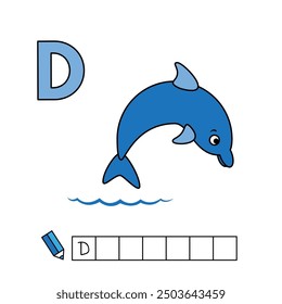 Alphabet with cute cartoon animals isolated on white background. Learning to write game for children education. Vector illustration of dolphin and letter D