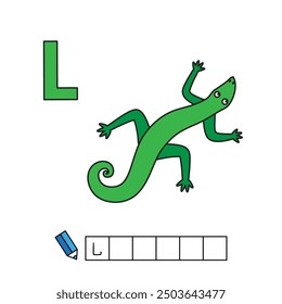 Alphabet with cute cartoon animals isolated on white background. Learning to write game for children education. Vector illustration of lizard and letter L