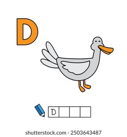 Alphabet with cute cartoon animals isolated on white background. Learning to write game for children education. Vector illustration of duck and letter D