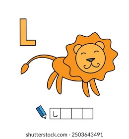 Alphabet with cute cartoon animals isolated on white background. Learning to write game for children education. Vector illustration of lion and letter L