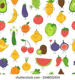 Alphabet with cute cartoon fruits and vegetables. Seamless pattern. Vector illustration.
