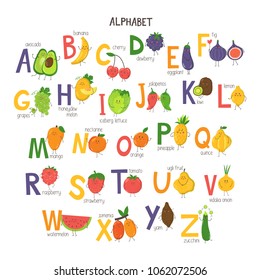 Alphabet with cute cartoon fruits and vegetables. Vector illustration.