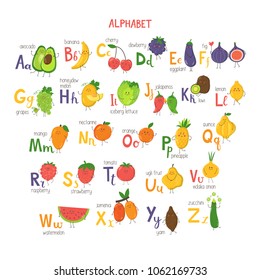 Alphabet with cute cartoon fruits and vegetables. Vector illustration.