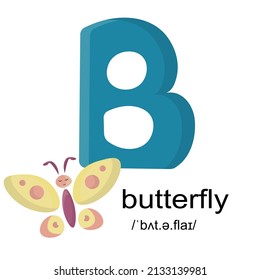 Alphabet with cute cartoon illustrations isolated on white background. Flashcard for children education. Illustration of butterfly and letter B