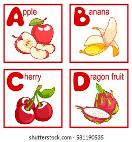 An alphabet with cute fruits, letters A to D. Cartoon vector alphabet isolated on a white background.