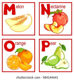 An alphabet with cute fruits, letters M to P. Cartoon vector alphabet isolated on a white background.