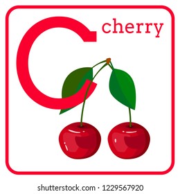 An alphabet with cute fruits, letters A to Z. Cartoon vector alphabet isolated on a white background. Letter C cherry