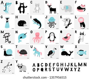 Alphabet with cute hand-drawn animals. Cartoon bear, deer, fox, elephant, monkey, raccoon, lion, monkey and other. Doodle vector illustration good for children's games, wallpaper, books or cards.