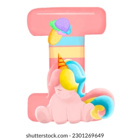Alphabet with cute unicorn, font in hand-drawn cartoon style. Vector illustration for your design