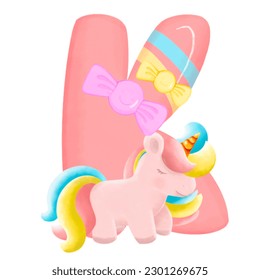 Alphabet with cute unicorn, font in hand-drawn cartoon style. Vector illustration for your design