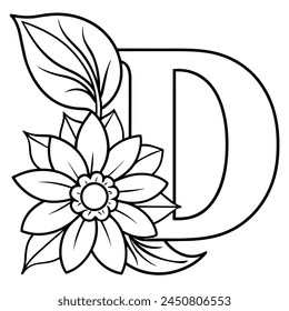 Alphabet D coloring page with the flower, D letter digital outline floral coloring page, ABC coloring page
