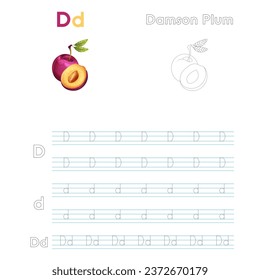 Alphabet D for Damson Plum handwriting trace practice worksheet for preschool kids learning how to write colorful printable version. Vector Illustration