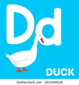 Alphabet D, D for duck. Vector illustration of educational alphabet card cartoon character for kids.