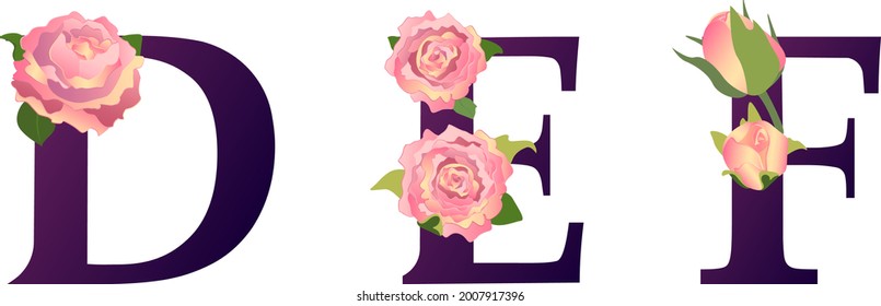 Alphabet. D, E, F. Letters with flowers. Capital letters with peonies