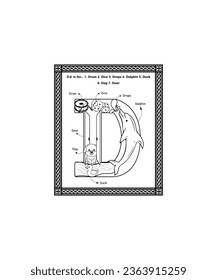 Alphabet D Letter Coloring Page with Cartoon Vocabulary Learning Worksheet for Preschool, Kindergarten, and Kids Ages 3-5. D Letter Illustration. Alphabet Coloring Page is perfect gift for children.