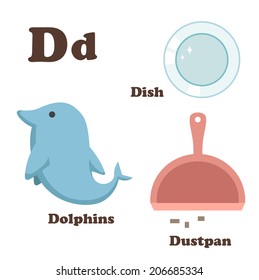 Alphabet D letter.Dish,Dolphins,Dustpan