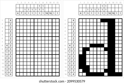 Alphabet D Lowercase Nonogram Pixel Art, Character D, Language Letter Graphemes Symbol Vector Art Illustration, Logic Puzzle Game Griddlers, Pic-A-Pix, Picture Paint By Numbers, Picross