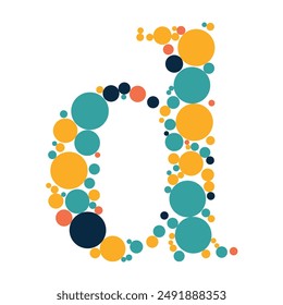 Alphabet D made of colored dots and filled with circles, small letters, and vectors.