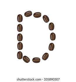 Alphabet "D" made of roasted coffee bean, isolated  