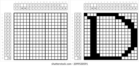 Alphabet D Nonogram Pixel Art, Character D, Language Letter Graphemes Symbol Vektorgrafik Illustration, Logic Puzzle Game Griddlern, Pic-A-Pix, Bild Paint by Numbers, Picross