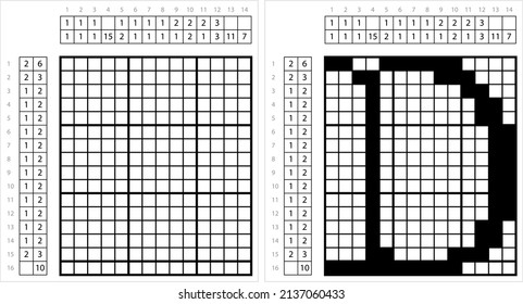 Alphabet D Nonogram Pixel Art, Character D, Language Letter Graphemes Symbol Vector Art Illustration, Logic Puzzle Game Griddlers, Pic-A-Pix, Picture Paint By Numbers, Picross