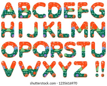 Alphabet decorated with Christmas pictures. Happy New Year 2019 and Merry Christmas. Capital letters of the English alphabet, painted with a colorful background.