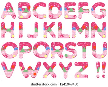 Alphabet decorated with Christmas pictures. Happy New Year 2019 and Merry Christmas. Capital letters of the English alphabet, painted with a colorful background.