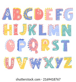 Alphabet decorated with dinosaur print, vector graphics on a white background. Perfect for your design of posters, postcards, childrens lettering, prints on mugs, t-shirts, bags, pillows.