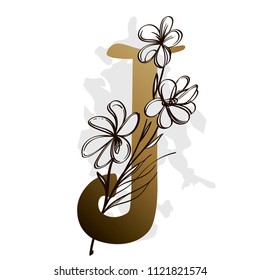 Alphabet with decorative plant elements for greeting cards, invitations and much more. Capital letter J.