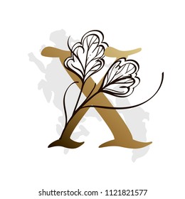 Alphabet with decorative plant elements for greeting cards, invitations and much more. Capital letter X.