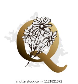 Alphabet with decorative plant elements for greeting cards, invitations and much more. Capital letter Q.
