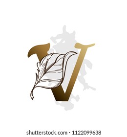 Alphabet with decorative plant elements for greeting cards, invitations and much more. Lowercase letter v.