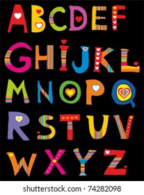 Alphabet design in a colorful style. Isolated on black Background. Vector illustration