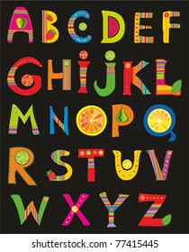 Alphabet design in a colorful style. Isolated on black Background. Vector illustration