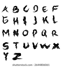 Alphabet design with dark grunge brush strokes. Horror-themed capital letters, perfect for metal, punk, or extreme style projects.