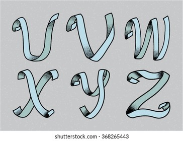 Alphabet Design with dusty silk, paper, ribbon style/ blue color (Vector Design) (U-Z / part 5 of 5)