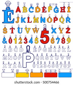 Alphabet design elements and number tags colored blue, red, yellow and white, vector illustration