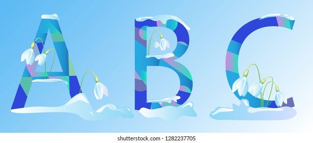Alphabet design. Letters spring. Gradient. Snowdrops