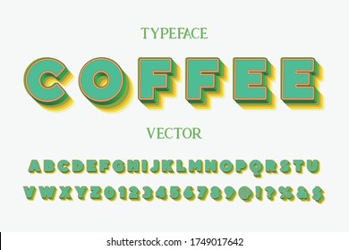 alphabet design, retro font, typeface vector, white and green style background name coffee