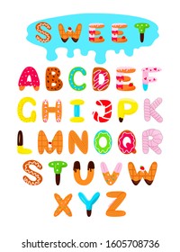 Alphabet design Sweet colorful. Different forms donut, candy, cookies, biscuit, cake, wafer, marshmallows. For graphic design, decoration, package kids product Vector illustration Isolated letters