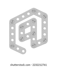 Alphabet from the details of the iron constructor. Et or dog sign. Vector illustration isolated on white background