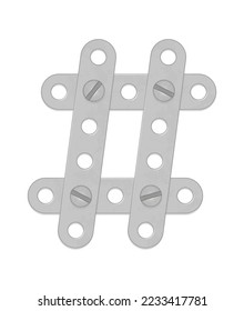 Alphabet aus den Details des Eisenkonstrukteurs. Hashtag oder Nummernschild. Vektorgrafik einzeln auf weißem Hintergrund