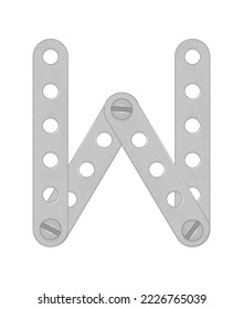 Alphabet from the details of the iron constructor. Letter W. Vector illustration isolated on white background