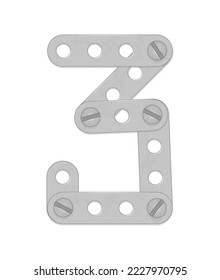 Alphabet from the details of the iron constructor. Number 3. Vector illustration isolated on white background