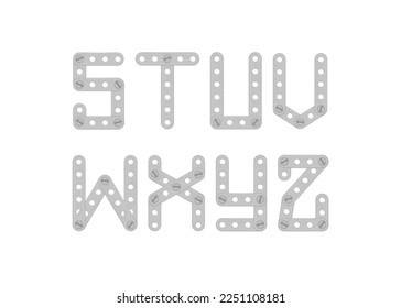 Alphabet from the details of the iron constructor. Part 3. Vector illustration isolated on white background