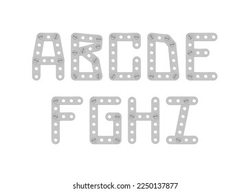 Alphabet from the details of the iron constructor. Part1. Vector illustration isolated on white background