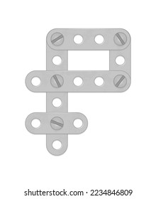 Alphabet from the details of the iron constructor. Ruble sign. Vector illustration isolated on white background