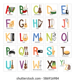 Alphabet with different musical instruments